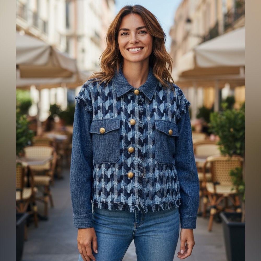 Ramy Brook Light Blue Knit Denim look jacket PTP 21 1/2”